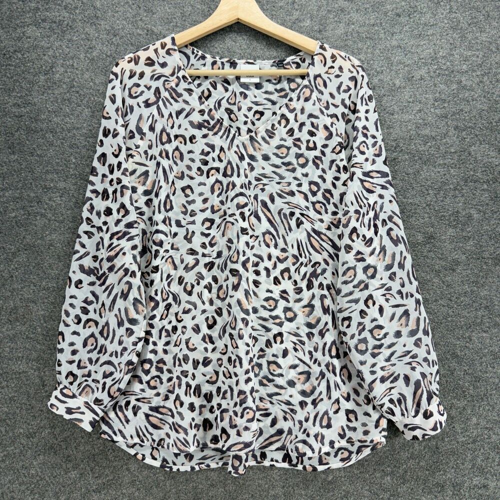 Cabi Blouse Women S Small White Animal Print V-Neck Long Sleeve Lined Casual